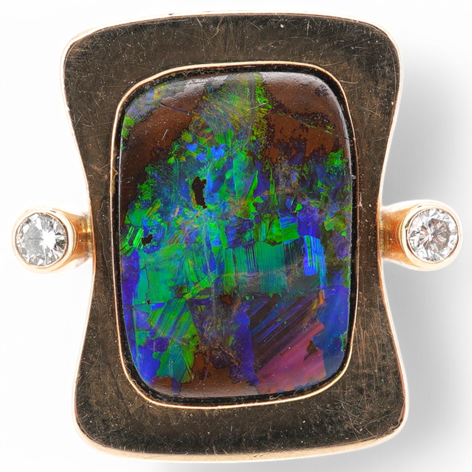 A modern Danish 14k, single stone black opal doublet? and two stone diamond set shaped rectangular ring, by Gabrielsen, size P, gross weight 9 grams. Condition - good